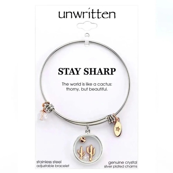 Cactus Desert Stay Sharp Crystal Charm Bangle Bracelet in Stainless Steel - Picture 2 of 2